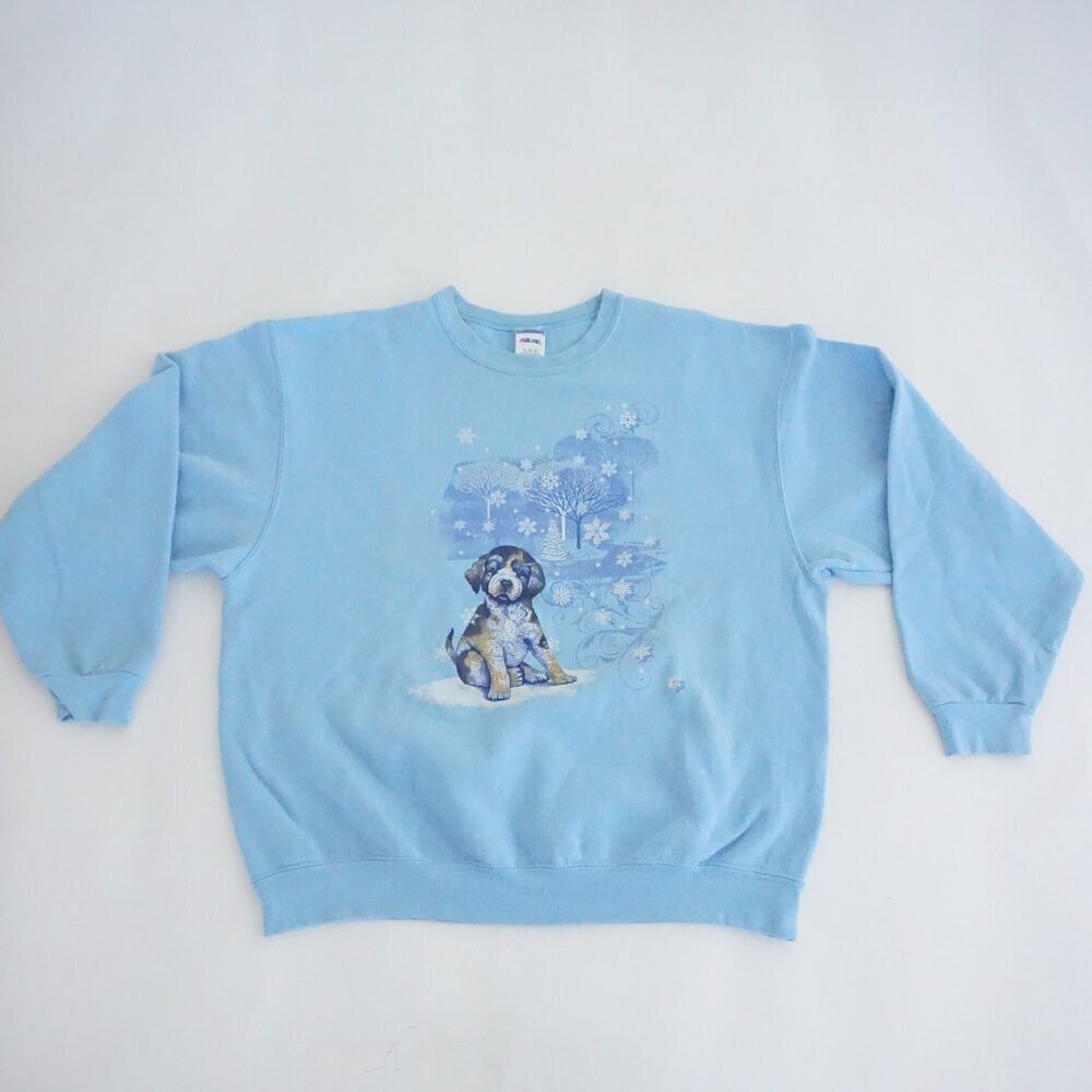 Vintage Jerzees Blue Winter Polar Bear Snowflake Graphic Crewneck Sweatshirt XL